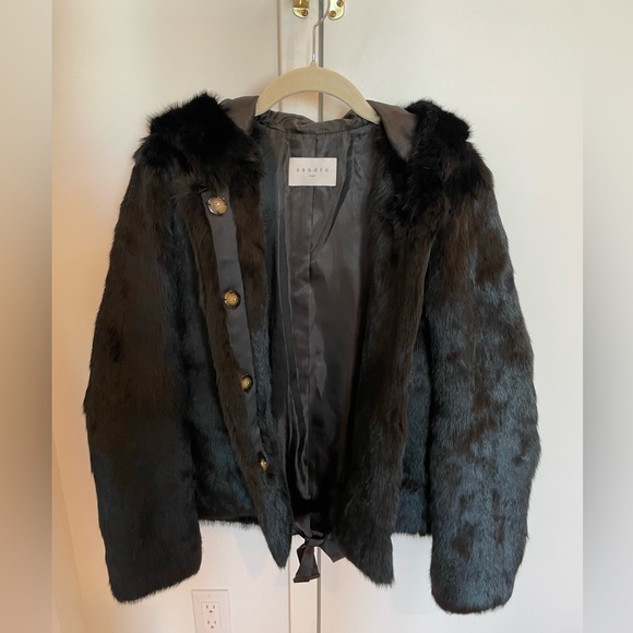 Sandro Size T2 Black Rabbit Hood Fur Coat - Picture 4 of 16